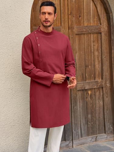 Image of Runcati Mens Kaftan Thobe Robe Long Sleeve Cotton Henley Shirt Casual Muslim Gown Salwar Kurta