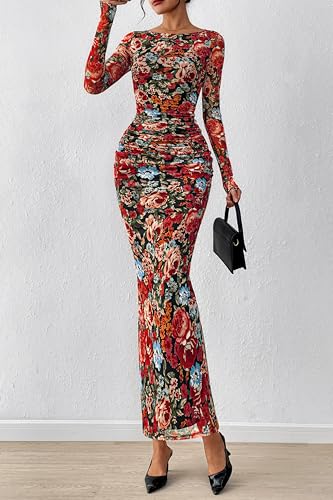 PRETTYGARDEN Women's Long Sleeve Bodycon Dresses 2025 Fall Sexy Floral Mesh Slit Ruched Tight Maxi Wedding Guest Dress2
