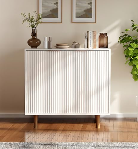 DAWNYIELD Credenza con Cannelature in Legno, Mobile Multifunzione Autoportante con Ripiani Regolabili, Armadio Moderno Bianco per Soggiorno, Cucina, Ingresso