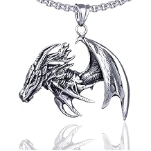 Xusamss Punk Stainless Steel Wing Dragon Pendant Necklace with 24inches Link Chain