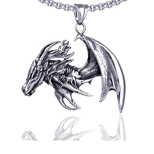 Xusamss Punk Stainless Steel Wing Dragon Pendant Necklace with 24inches Link Chain