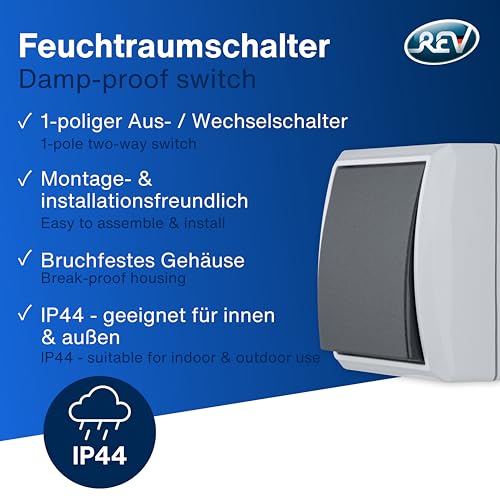 REV AquaForm, Ausschalter - Wechselschalter Feuchtraum IP44, Aufputz, grau