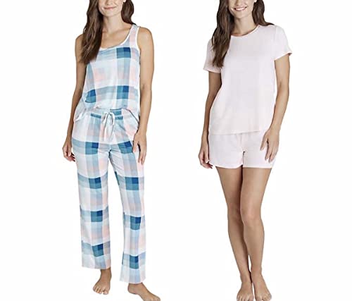 Eddie Bauer Women s 4-Piece Sleep Set, Tank, Tee, Short, Pant (X-Large, Teal Squares)