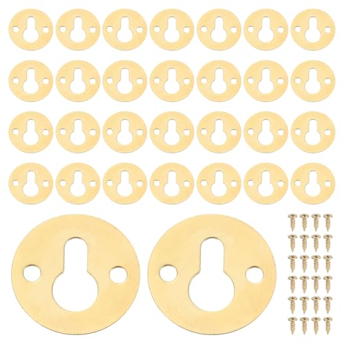 Image of uxcell 60Pcs Round Keyhole Picture Frame Hangers, 23mm Heavy Duty Metal Keyhole Hangers Plates Picture Frame Hanging Plate with Screws for Mirrors Pictures Photo Frames, Gold