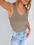 ANRABESS Tank Tops for Women V Neck Ribbed Knit Slim Fitted Sleeveless Basic Tee Tanks Casual Summer Clothes 2026 Light Khaki M