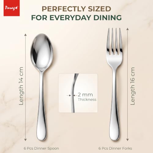 Image of Parage Tiara Stainless Steel Spoon Fork Set of 12, 6 Dinner Spoons 6 Dinner Forks with 2mm Thickness Heavy Gauge Cutlery Set, Mirror Finish Tableware for Home Kitchen Dining