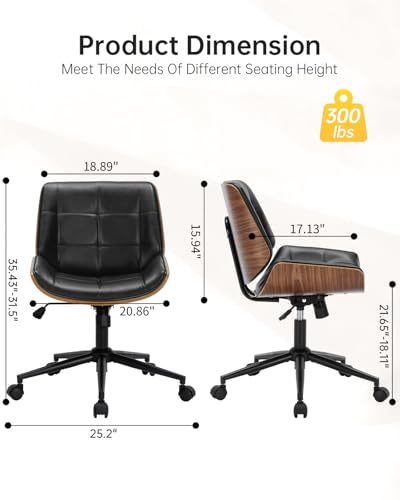 Image of Home Office Chair No Arms,Armless Adjustable Height Small Desk Chair,PU Leather Swivel Computer Chair with Wheels,Mid-Century Modern Walnut Mid Back Chair for Office, Reading Room,Bedroom(Black)