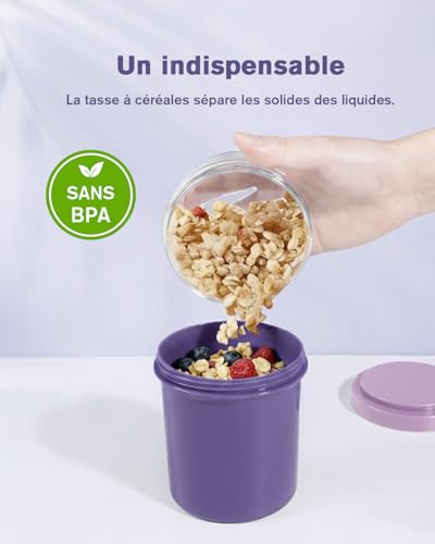 Muesli Cup, 450 ml + 250 ml, Tasse à Yaourt, tasse de céréales à emporter étanche avec cuillère et boîte à sauce, boîte à déjeuner sans BPA, bol à céréales, pour les enfants et les adultes, pourpre – vue 7