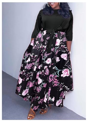 Image of Hostoyo Women Plus Size Formal A Line Maxi Dress Self Tie Waist with Pockets Elegant Round Neck Swing Long Dresses