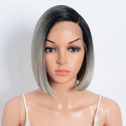 DÉBUT Side Part Short Bob Lace Front Wigs Ombre Gray Slight Yaki Straight Synthetic Hair Heat Resistant Fiber 1B to Grey Wig for Women