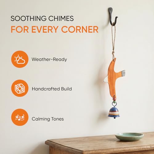 Image of Aakriti Art Creations Orange Flying Bird Wind Chime with Metal Bell | Handmade Wooden & Metal Wind Chime | Matte Decorative Wind Chimes for Balcony, Garden & Home, Living Room & Gifting