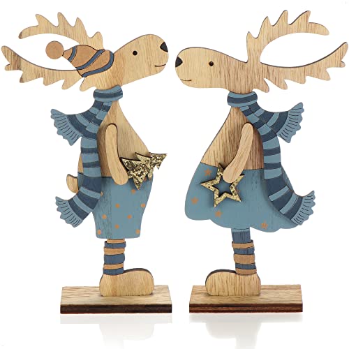 com-four® 2X Espositori Decorativi per Natale - Renne in Legno da posare - espositori Natalizi da Decorare e Regalare (Renna XL - Blu + Oro)