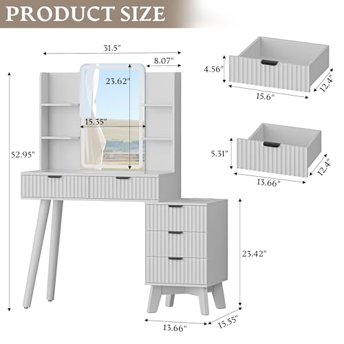 Image of Xixini Fluted Vanity Desk with LED Lights Mirror & Charging Station, White