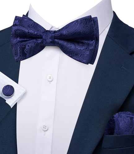 Image of YOHOWA Paisley Striped Men Bow Tie Pre-Tied Formal Adjustable Colorful Bowties Handkerchief Cufflinks Set Wedding Party