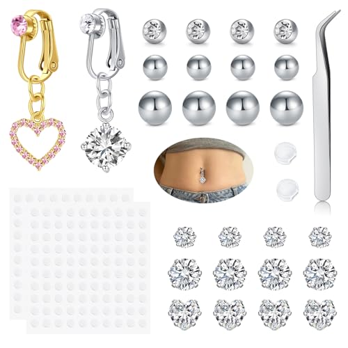 QWALIT Gold Fake Belly Piercing Cubic Zircon Butterfly Clip on Belly Button Rings Stick on Navel Ring Studsnon Piercing Fake Piercing Jewelry Pink Heart Silver Sticky Balls no Pierced