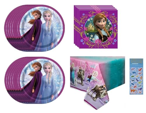 Disney Frozen Princess Elsa Anna Birthday Party Supplies Bundle Pack for 16 includes 16 Dessert Cake Paper Plates, 16 Napkins, 1 Table Cover