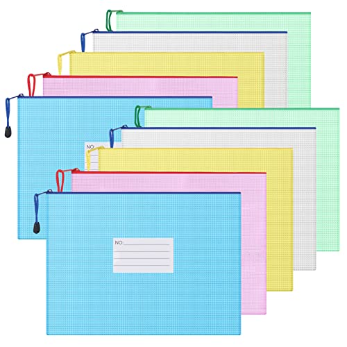 Simpolor A4 Bolsa con cremallera de malla, bolsas de cremallera A4 impermeables con etiqueta, multiusos para almacenamiento de viaje, escolares, dispositivos de oficina (paquete de 10, 5 colores) Cover