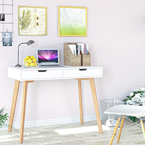Itusut Modern Computer Desk With Drawers, Small White Writing Laptop Desk Makeup Table Vanity Desk With 2 Drawers & Natural Legs For Home Office #TOP1
