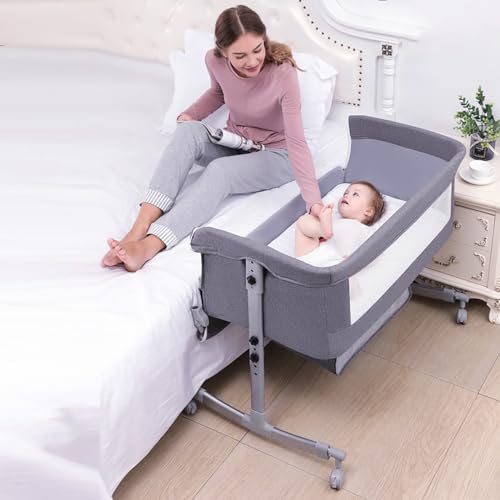 Sinbide Lit bébé cododo - avec Matelas, Mode Bascule pour Bercer Bébé, Lit Bebe avec Matelas de la Naissance, Réglage de la Hauteur, Facile Adapter au lit du Parent (Gris foncé)