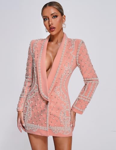 Pearls Blazer Dress Sexy Womens Blazer Deep V Neck Pink Blazer Women Long Sleeve Blaze2