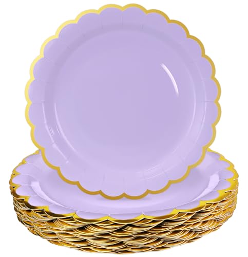 Image of HEIPINIUYE 50 Pieces Lavender Paper Plates with Gold Foil 9 Inch Disposable Light Purple Scalloped Dinner Plates for Wedding Baby Shower Birthday Party Dessert Plate