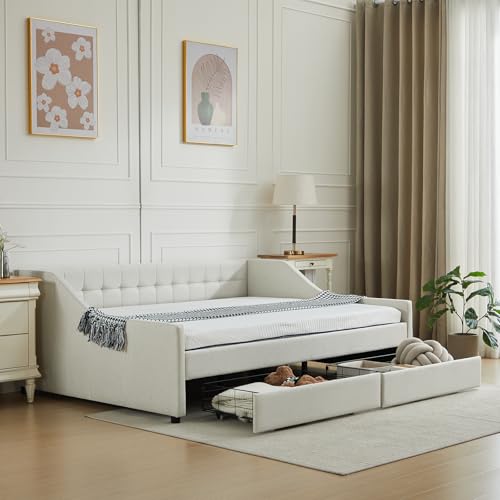 Wakefit Daybed with Storage Drawers, Full Size Upholstered Daybed Sofa Bed | Solid Wood Frame | Breathable Polyester Fabric | No Box Spring Needed | Tufted Button, Beige