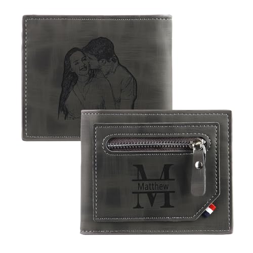 Custom Mens Wallet with Picture & Name Personalized Photo Wallet for Men Slim Leather Bifold Wallet Engraved Wallet Gifts for Men Boyfriend (Black)