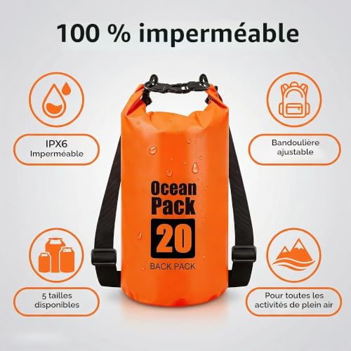 RONGZUBAT 5L Sac Étanche Dry Bag avec bandoulière réglable, Sac imperméable à Fermeture Enroulable pour Kayak, Paddle, Bateau, Plage, Natation, Camping et Voyage - Orange – vue 5