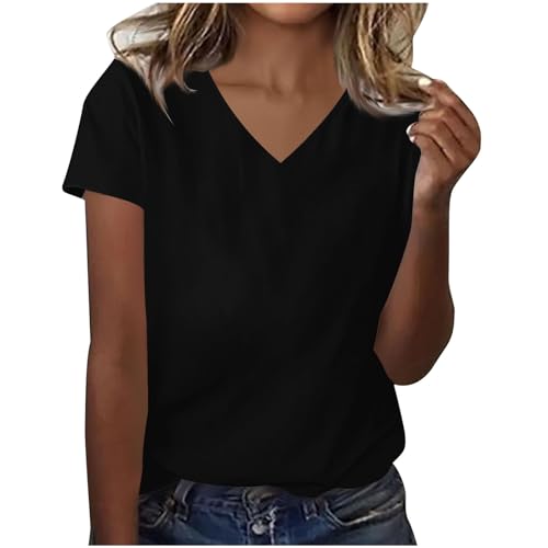 Dyhxuan Camiseta básica para mujer, monocolor, con cuello de pico, manga corta, camiseta de algodón, versátil, elegante, camiseta holgada, blusas ligeras, aireadas, Negro , S