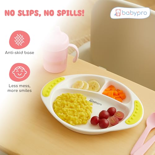 Image of BabyPro Cartoon Feeding Plate for Toddlers, Dinnerware Set for 1+ Year Kids | Easy-Grip Handles, BPA-Free, Non-Toxic, Anti-Skid Base, Cute Design, Yellow