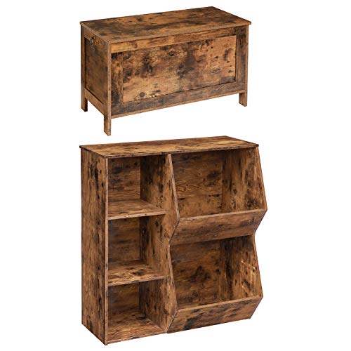 HOOBRO Storage Chest and Multi-Bin Storage Cubby Bundle, Retro Toy Box Organizer with Safety Hinge, 3-Cubby, 2-Veggie Bin Cabinet, Suitable for Children's Room, Playroom, Hallway, Rustic Brown