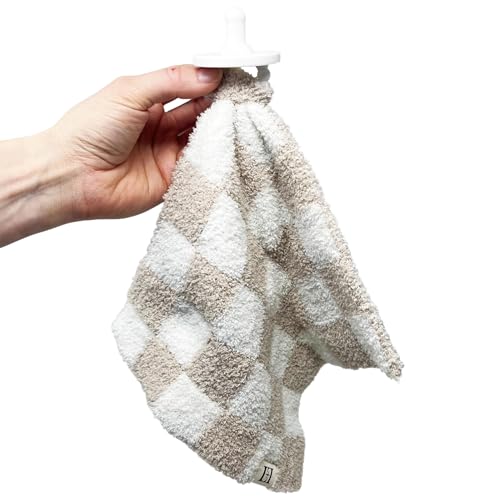Image of L+L USA Checkered Baby Lovey Pacifier /Teether Holder 10 inchx10 inch - DreamSoft Plush Fluffy Cuddly Soothie Reversible Mini Comfort Blanket - Cute Newborn Gift Essential Babies Boys Girls (Tan /White)