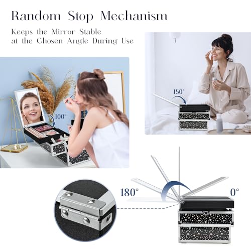 Joligrace Makeup Train Case Portable Cosmetic Box 2 Trays with Mirror Lockable for Makeup Nail Tech and Beauticians Traveling Makeup Storage Organizer - Black Star