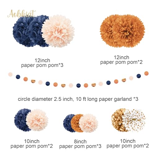 Image of AOBKIAT Burnt Orange Fall Party Decorations for Thanksgiving & Halloween | Baby Shower,Bridal Shower,Celebration,15PCS with Orange Navy Blue Gold Peach Tissue Paper Pom Poms,Party Garland String