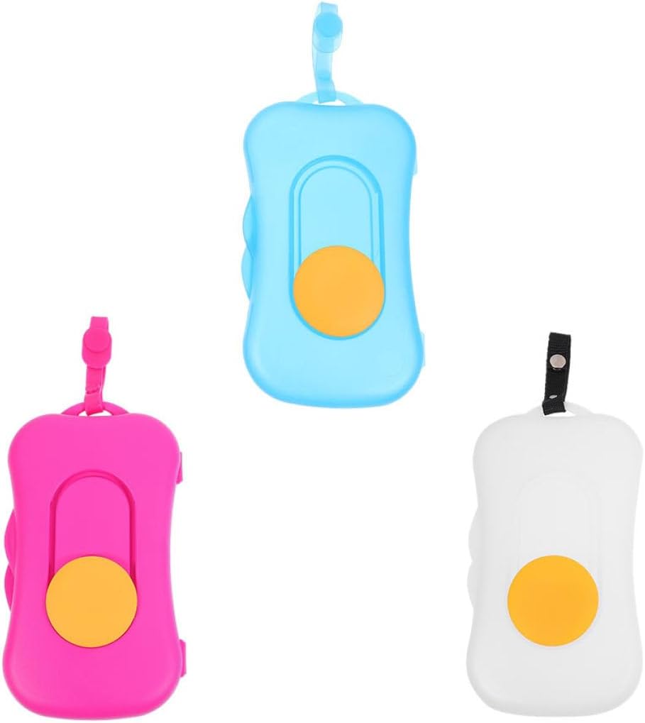Toddmomy Portable Wipes Case Wet Tissue Container with Silicone Button Dispenser Plastic Reusable Wipes Holder Travel Outdoor 3pcs Set (Rose Red, Blue, White) Random Color