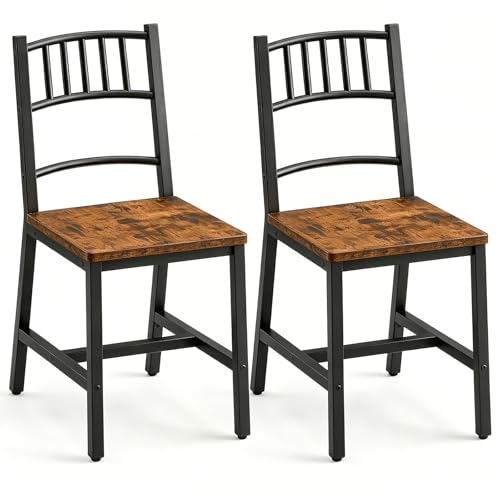 HOOBRO Dining Chairs Set of 2, Wooden Kitchen Chairs with Metal Frame, Industrial Dining Chairs with Back, Easy to Assemble, Farmhouse Dining Chairs for Living Room, Rustic Brown and Black BF39CD01