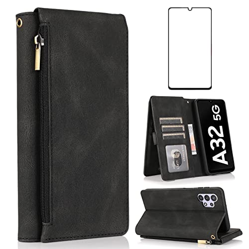Compatible with Samsung Galaxy A32 5G 6.5 inch Wallet Case Tempered Glass Screen Protector Zipper Leather Flip Cover Card Holder Stand Cell Phone Cases for Glaxay A 32 32A S32 G5 A326U Women Men Black