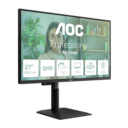 AOC Q27P4U 27 Zoll WQHD USB Hub Monitor, 120Hz, IPS Panel, 4ms GtG, Adaptive Sync, HDR Mode, Höhenverstellung,Lautsprecher,(2560x1440 HDMI 2X 2.1 TMDS DP 1x 1.2) Schwarz