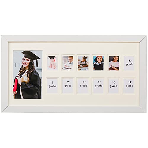 WOOD SIDE ORBIS School Years Picture Days Collage Frame with Double Mat, Photos from Kindergarten to Graduation, K-12 Keepsake - White/Horizontal