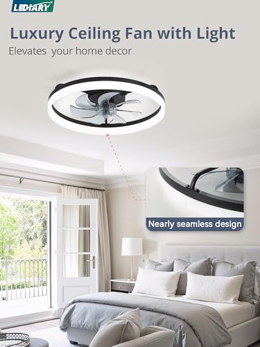 Image of LEDIARY Ceiling Fans with Lights, 20 inch Low Profile Flush Mount Ceiling Fan, Dimmable LED, APP & Remote Control, Quiet Reversible DC Motor, 6 Speeds, Fandelier for Bedroom, Black