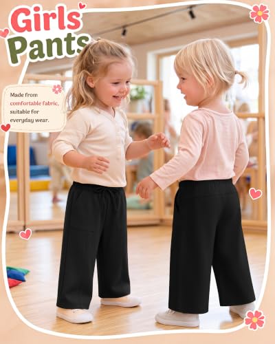 Image of Toddler Girls Wide Leg Pants | Baby Girls Sweatpants, Baggy Drawstring Pants with Pockets, Open Bottom Joggers, Back to School Trousers, for Kids 18M-5T