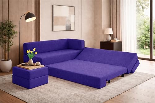 Image of Leg Sofa Cum Bed with Ottoman | Jute Fabric | Multipurpose Folding 3 Seater Sofa Bed 5x6 Ft for Living Room | Space Saving Furniture | Modern Design - Purple
