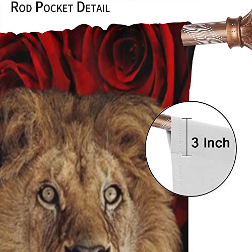 Lion Blackout Curtains,Africa Wildllife Lion Kids Teens Adult,Red Rose Floral,Animals Theme Home Decor Windows Drapes For Bedroom Living Room 21X63In,2 Panel Set-1 #TOP5