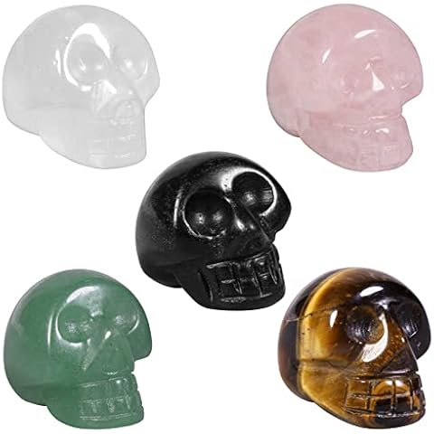 KYEYGWO 5 Stück Gemischtes Steine Heilung Kristall Schädel Figur für Haus Dekoration, Mini Geschnitzte Stein Totenkopf Statuen Taschensteine Totenschädel Skulptur Edelstein Ornament 2,5 cm Cover