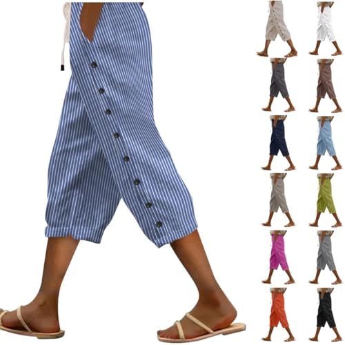 Striped Linen Capri Pants Women,2025 Casual Lightweight Summer Pinstripe Cropped Pants Beach Outfits
