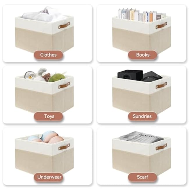 SNWDN 6 Pack Fabric Storage Baskets for Organizing Collapsible Fabric Storage Bins with Handles for Home and Office Organizing (White/Beige 15''Lx10.2''Wx9''H)