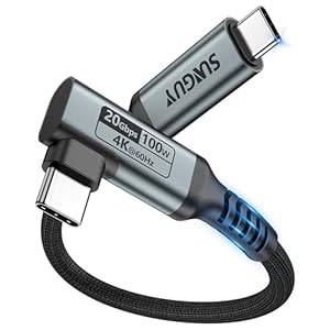 SUNGUY USB C a USB C Cable 90 Grados, 0.5M 20Gbps USB 3.2 Gen2x2 Tipo C Cable 100W Carga Rapida, 4K@60Hz transmisión de vÃdeo, USB C Cable para portátil, móvil, monitor, tableta,Android Auto