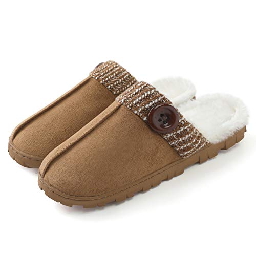 ChicNChic Womens Cozy Memory Foam Slippers Fuzzy Wool-Like Plush Comfortable Suede House Shoes Indoor Outdoor Anti-Skid Rubber Sole Flats (9-10 US, Khaki)