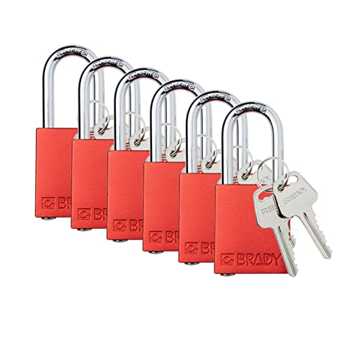 Brady Safety Lockout Padlock Sets - Red - Keyed Alike Safety Lockout Padlocks - 2 Keys Per Lock - SDAL-RED-38ST-KA6 - Aluminum, Steel - Set of 6