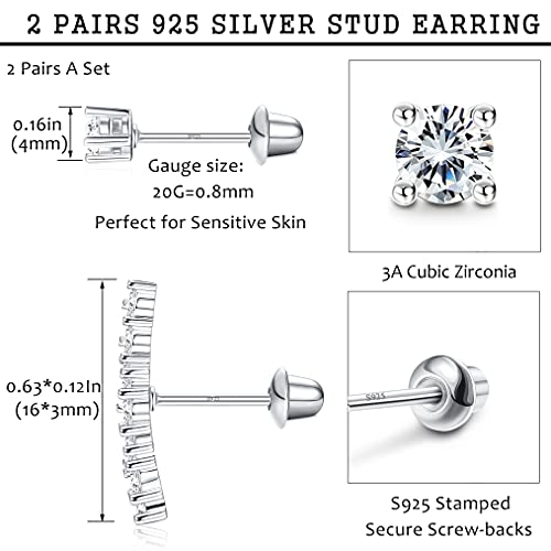 Sllaiss 2 Pairs Sterling Silver CZ Cartilage Stud Earrings Set for Women White Gold Plated Climber Helix Conch Daith Piercing with Screw Back (Silver)2